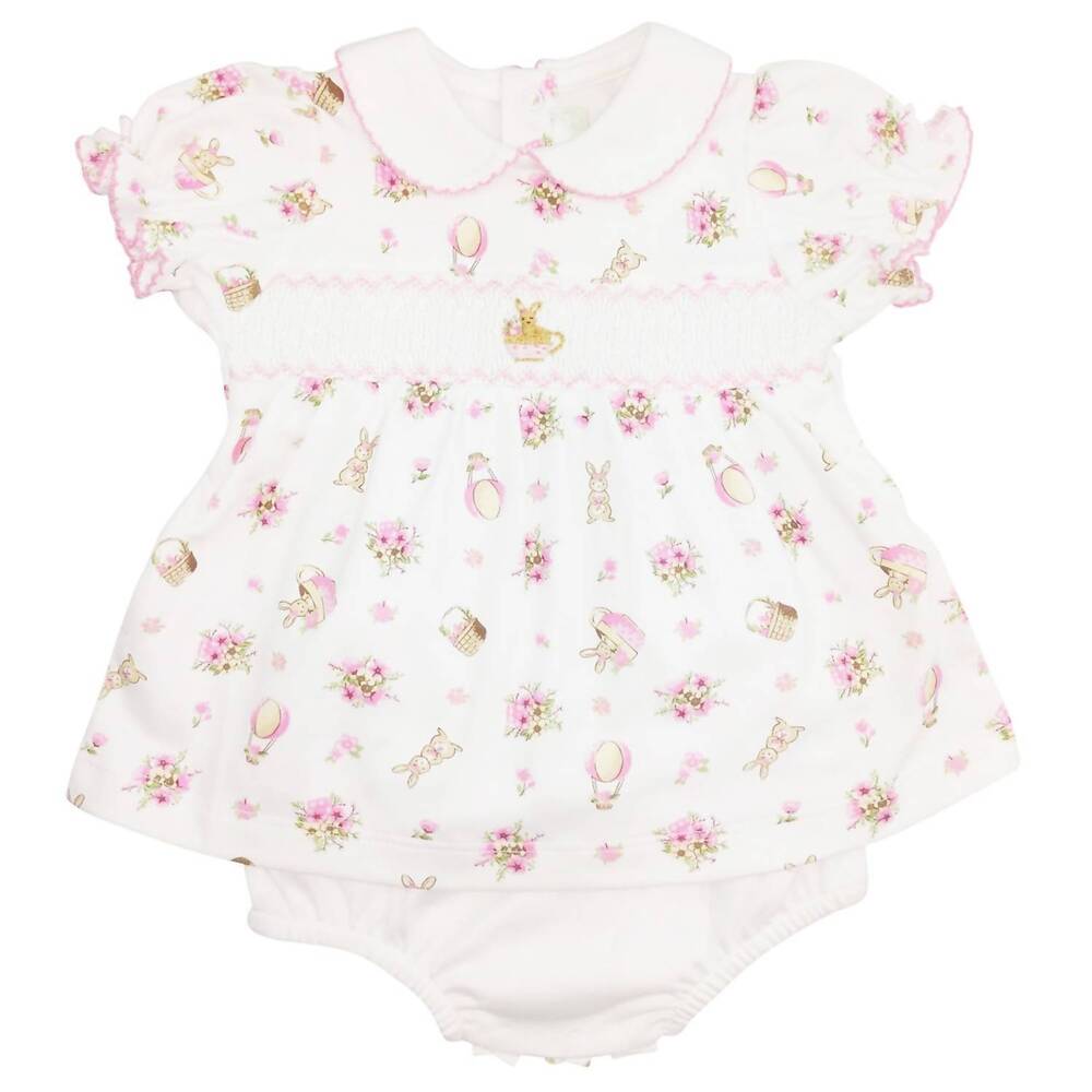 NEW BABY THREADS "bella bunny" hand smocked dress and bloomer set in white/pink